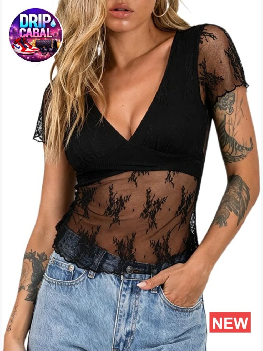 Deep V Neck Lace Top Short Sleeve See Through Tie Back Fitted T Shirt